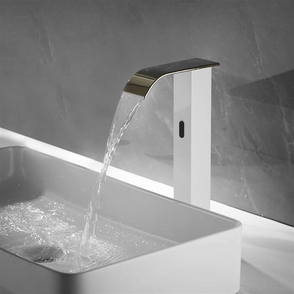 Fontana tall waterfall touchless faucet white and gold